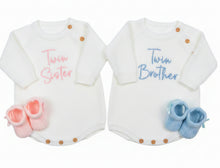 Load image into Gallery viewer, Twin Brother &amp; Sister Personalised Knitted Romper Set with Matching Booties Boy Girl Twins Baby Gift