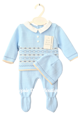 Baby Boys Blue Knitted Outfit Size 0-3mth with Hat