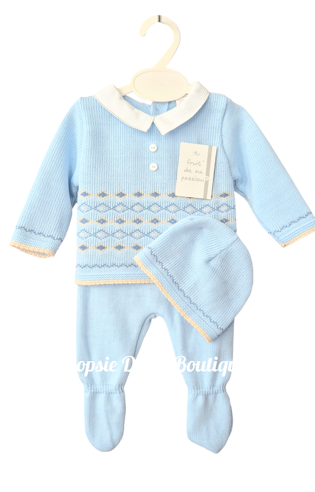 Baby Boys Blue Knitted Outfit Size 0-3mth with Hat