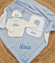 Load image into Gallery viewer, Personalised Blanket,Cardigan,Hat &amp; Bib Set, Blue &amp; Pink