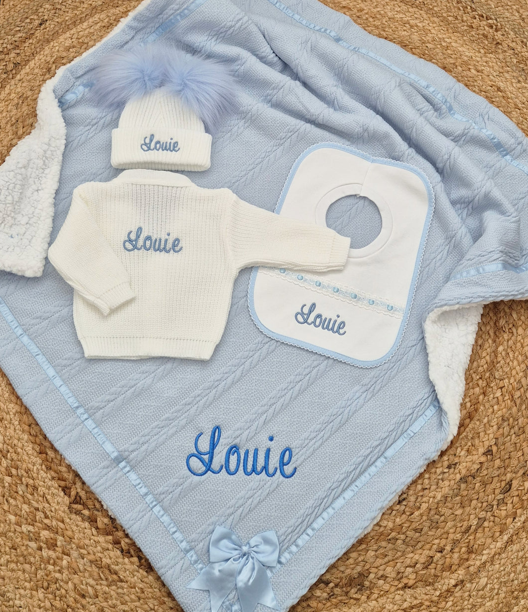 Personalised Blanket,Cardigan,Hat & Bib Set, Blue & Pink