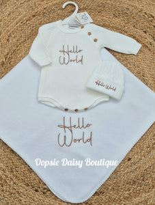 Hello World Knitted Romper/Hat & Luxury Fleece Blanket Set