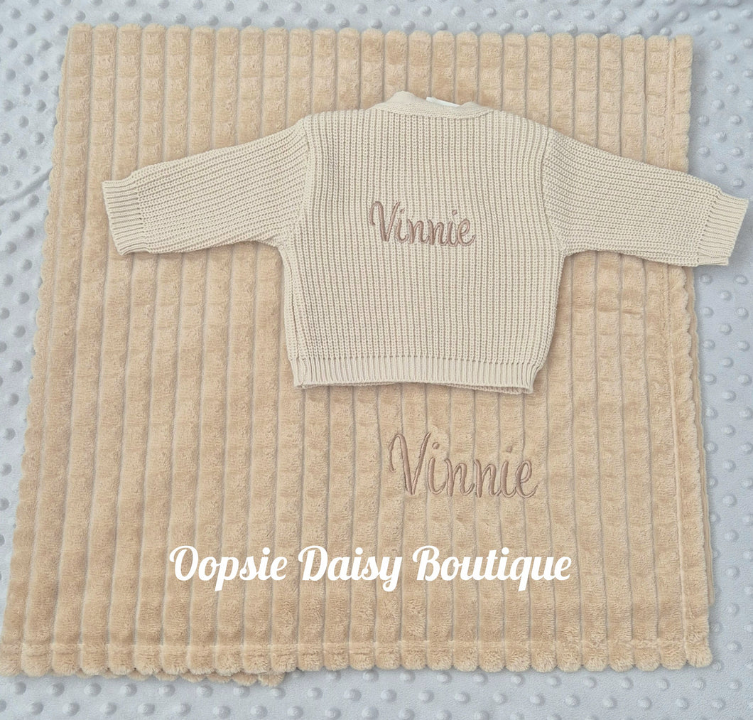 Personalised Beige Blanket & Cardigan Set - Choose Size