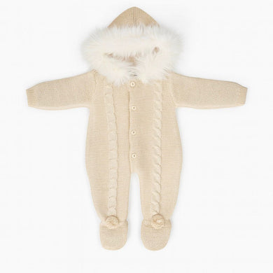 Beige Knitted Pram Suit Fur Trim Hood