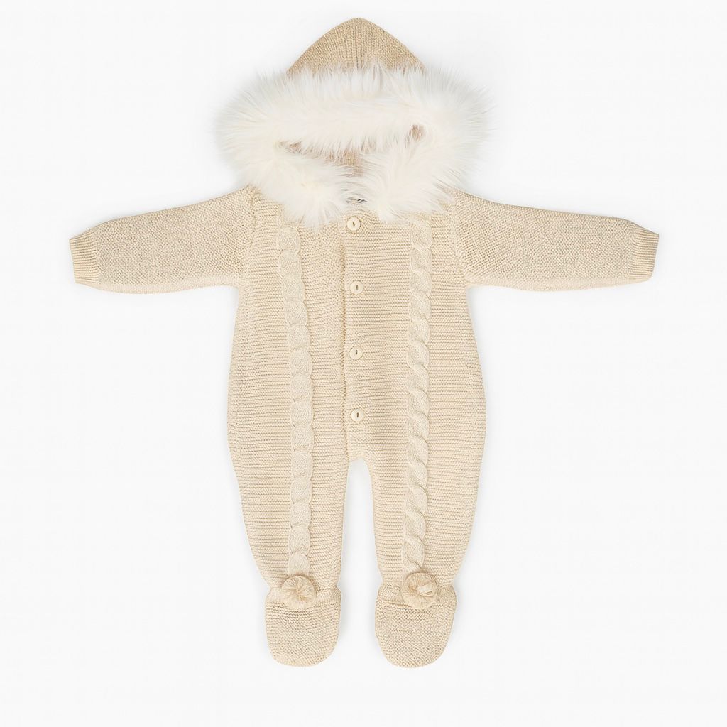 Beige Knitted Pram Suit Fur Trim Hood