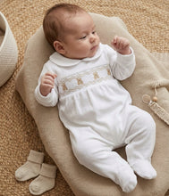 Load image into Gallery viewer, Baby White Teddy Bear Sleepsuit with Smocking