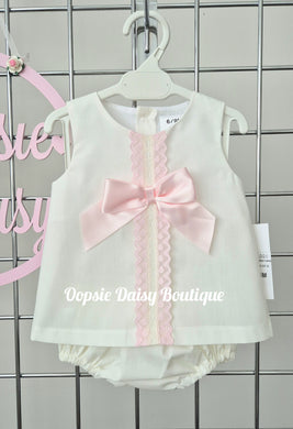 Girls Pretty Ivory Pink Ribbon Dress Set SMALL FITTING SIZE UP