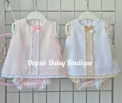 Girls Pretty Waffle Ribbon Dress Set