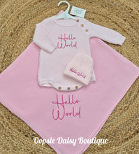Load image into Gallery viewer, Hello World Knitted Romper/Hat &amp; Luxury Fleece Blanket Set