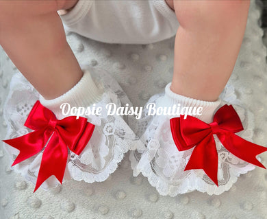 Baby Girls Red Frilly Ankle Ribbon Socks