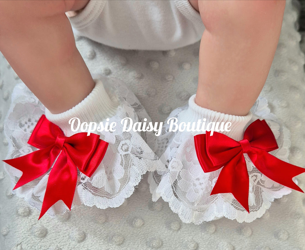 Baby Girls Red Frilly Ankle Ribbon Socks