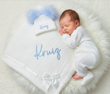 Load image into Gallery viewer, Personalised Blanket &amp; Pom Pom Hat Set, Blue &amp; Pink Available
