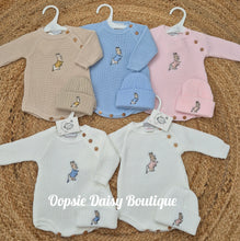 Load image into Gallery viewer, Peter Rabbit Knitted Romper &amp; Hat Set - FREE KNITTED BOOTIES