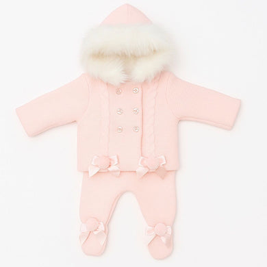 Pink Knitted Pram Suit Fur Trim Hood