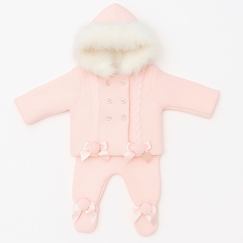 Pink Knitted Pram Suit Fur Trim Hood