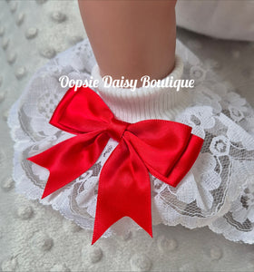Baby Girls Red Frilly Ankle Ribbon Socks