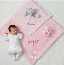 Load image into Gallery viewer, FREE KNITTED BOOTIES ,Personalised Blanket &amp; Elephant Comforter Set ,Blue &amp; Pink Set