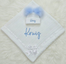 Load image into Gallery viewer, Personalised Blanket &amp; Pom Pom Hat Set, Blue &amp; Pink Available