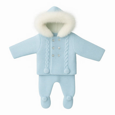 Blue Knitted Pram Suit Fur Trim Hood