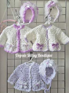 Baby Girls Crochet Cardigan & Bonnet Sets Size 0-3mth