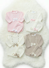 Load image into Gallery viewer, Baby Girls Knitted Romper &amp; Matching Bonnet - Satin Bow Detail