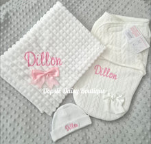 Load image into Gallery viewer, Personalised Baby Blanket,Swaddle Nest &amp; Hat Set