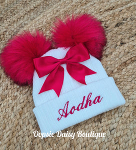 Personalised Hat Baby Girls Knitted Pom Pom