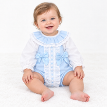 Load image into Gallery viewer, Seated baby model in paler blue outfit