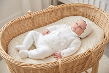 Load image into Gallery viewer, Side-angle portrait of newborn girl in the white bow and bonnet set