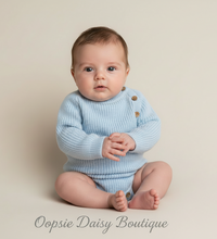 Load image into Gallery viewer, Sitting baby in blue romper front view