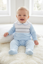 Load image into Gallery viewer, Smiling baby boy sitting supported in the pale blue outfit