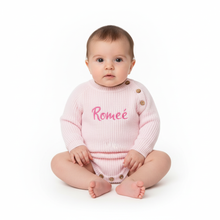 Load image into Gallery viewer, Studio shot baby in pink personalized romper