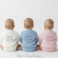 Load image into Gallery viewer, Three babies in white, blue, and pink cardigans - back view