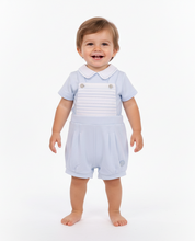 Load image into Gallery viewer, Toddler boy in pale blue smocked romper - clean studio