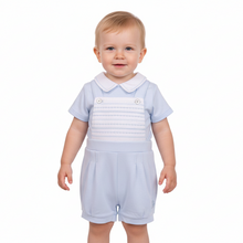 Load image into Gallery viewer, Toddler boy in pale blue smocked romper - studio shot