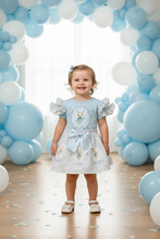 Load image into Gallery viewer, Toddler standing in party room with blue and white balloons
