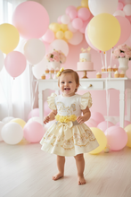 Load image into Gallery viewer, Toddler standing in party room with pink and yellow balloons