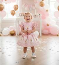 Load image into Gallery viewer, Toddler standing in party room with pink balloons