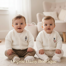 Load image into Gallery viewer, Twin babies sitting upright in white cardigans