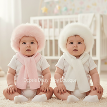 Load image into Gallery viewer, Two babies in fluffy hats with ribbed knit scarves