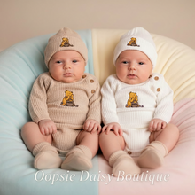 Load image into Gallery viewer, Two babies in rompers with hats and beige booties