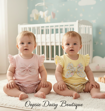 Load image into Gallery viewer, Two baby girls in pink and yellow butterfly outfits