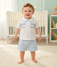 Load image into Gallery viewer, White and blue outfit on boy model - nursery