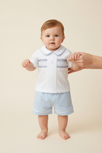 Load image into Gallery viewer, White and blue outfit on boy model - standing