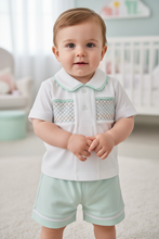 Load image into Gallery viewer, White and mint outfit on boy model - detail