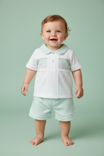 Load image into Gallery viewer, White and mint outfit on boy model - mint bg