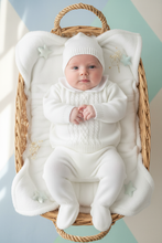 Load image into Gallery viewer, White knit baby boy in basket 1