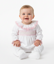 Load image into Gallery viewer, White outfit with pink detail on model - bright