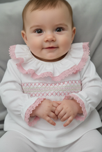 Load image into Gallery viewer, White outfit with pink detail on model - detail