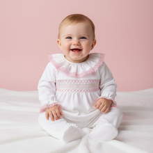 Load image into Gallery viewer, White outfit with pink detail on model - pink bg